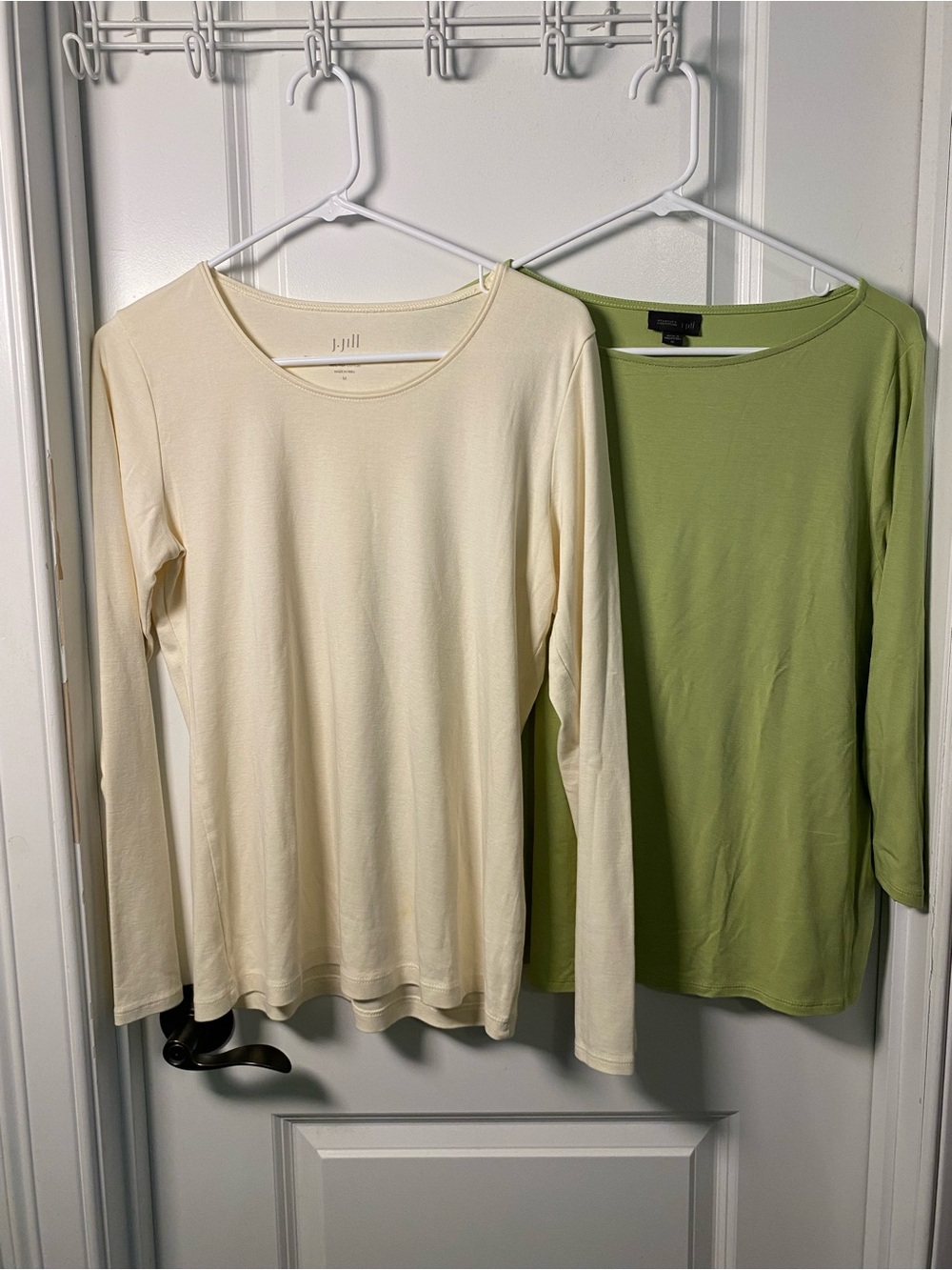 J. Jill Cream and Light Green Long Sleeve Scoop Neck Tees (Set of 2)